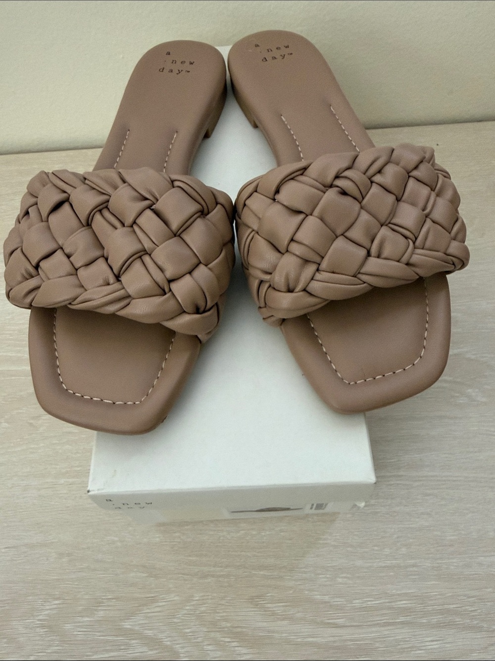A New Day Carissa Woven Slide Sandals in Tan / Taupe